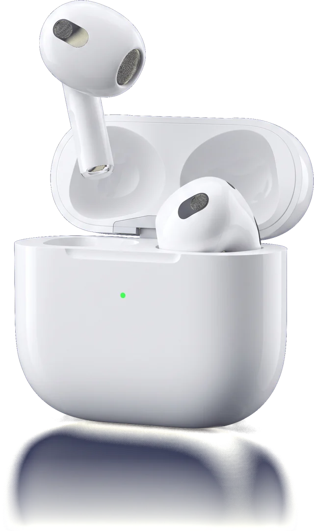White wireless earbuds lifted out of their open charging case